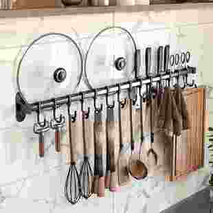 厨房置物架挂杆锅铲勺子厨具挂钩长杆多功能不锈钢免打孔收纳挂架