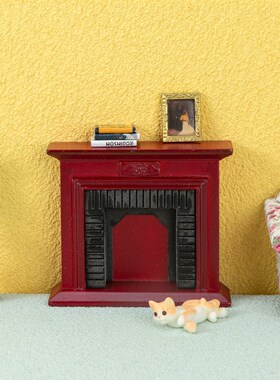 1:12娃娃屋dollhouse美式复古红色壁炉柜欧式民宿装饰柜背景墙