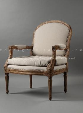 象形deign法式复古做旧桃花心木单人沙发椅纯色亚麻布艺扶手沙发