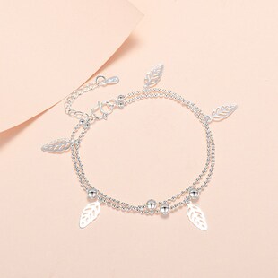 学生个性 时尚 镀925银双层圆珠链外贸饰品 树叶脚链女韩版 厂家