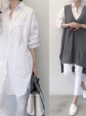 衬衫女设计c感小众中长款宽松韩版慵懒风显瘦白色衬衣早春2021新
