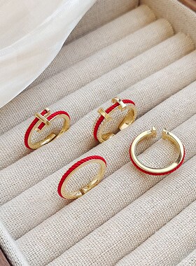 新年红绳字母H戒指女设计感钉子食指指环本命年红色结婚新娘尾戒