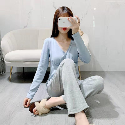 纯棉哺乳睡衣套装秋冬产后带胸垫喂E奶孕妇长袖长裤加厚保暖月子
