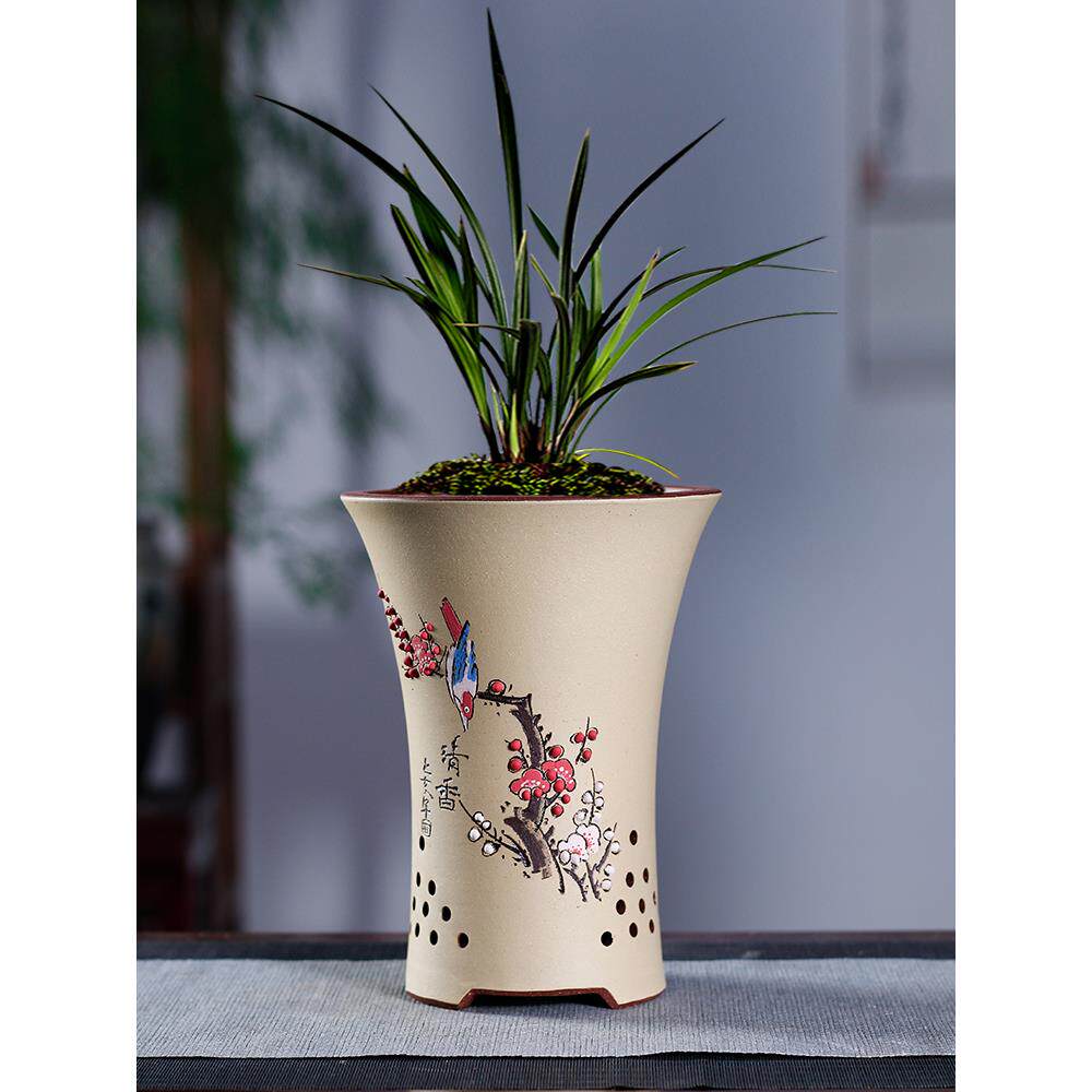 宜兴紫砂花盆精品花盆兰花盆桌面绿植古典花盆手工刻绘圆形