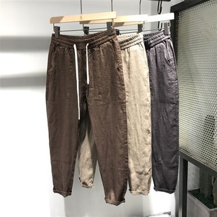简约小脚九分裤 松紧腰复古亚麻棉料透气薄款 男纯色休闲裤 2021夏季