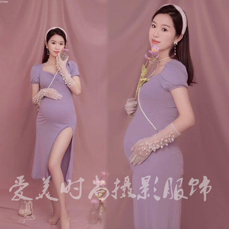影楼新款孕妇拍照服装小清新简约紫色连衣裙孕期修身长裙摄影衣服