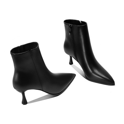 高跟短靴女细跟尖头加绒中跟5cm大码工装鞋职业工作鞋.女黑色冬季