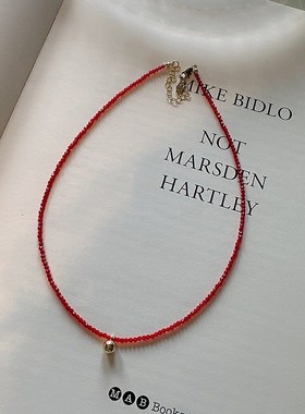 百搭显白红色水h晶球球串珠项链配饰女高级感气质叠戴锁骨链颈链