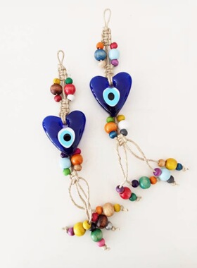 手工编织土耳其蓝眼睛饰品心形蓝色玻璃恶魔之眼挂饰Evil Eyes