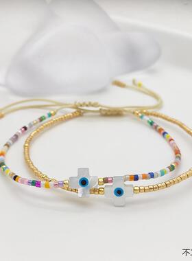 天然贝壳十字架蓝眼睛手