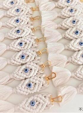 土耳其蓝眼睛钥匙扣 手工编织白色棉线恶魔之眼挂件车挂Key Chain