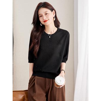 圆领钉珠长袖t恤女士薄款针织衫秋季2025新款打底内搭高级感上衣