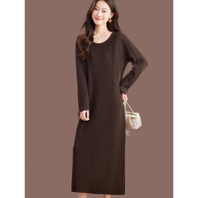 2025新款秋冬季宽松遮肚子羊毛针织连衣裙女超长毛衣裙内搭打底裙