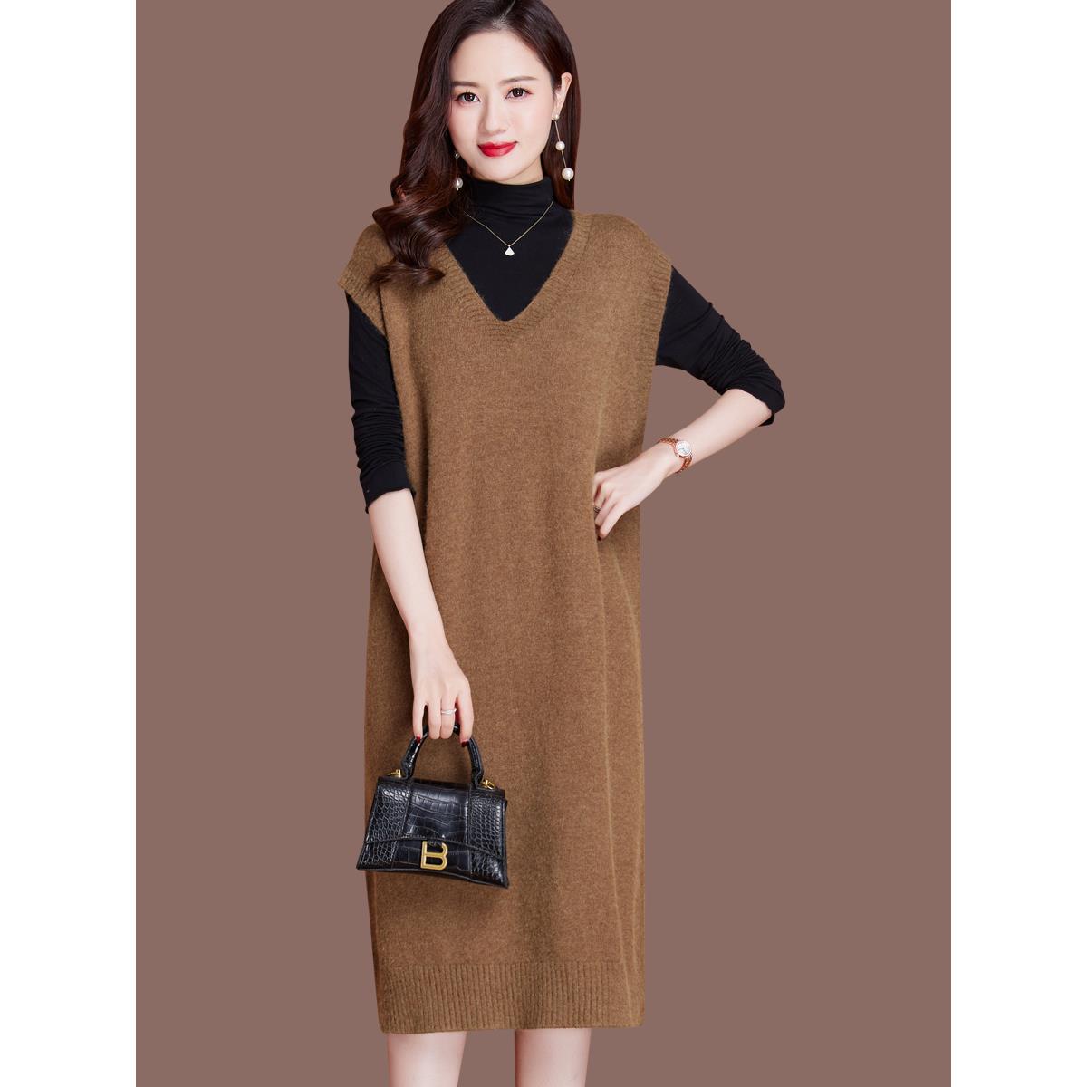 羊毛针织连衣裙春秋宽松毛衣裙女中长款过膝马甲背心裙外穿