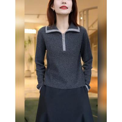 2025新款秋冬慵懒风半拉链针织衫女翻领宽松显瘦气质打底毛衣上衣