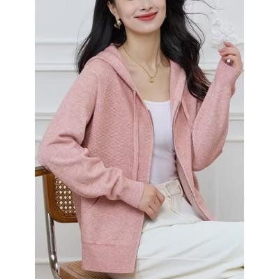春秋拉链针织开衫女外搭2025秋季新款女装小个子短款连帽毛衣外套