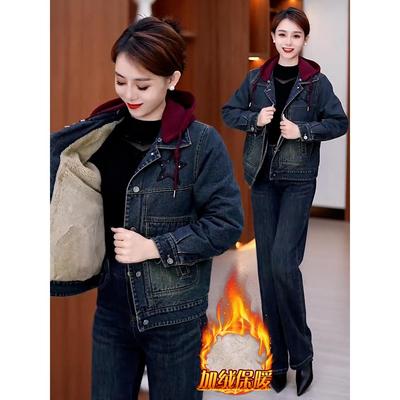 加绒加厚牛仔连帽外套女装2025冬季新款遮肉显瘦休闲夹克保暖上衣