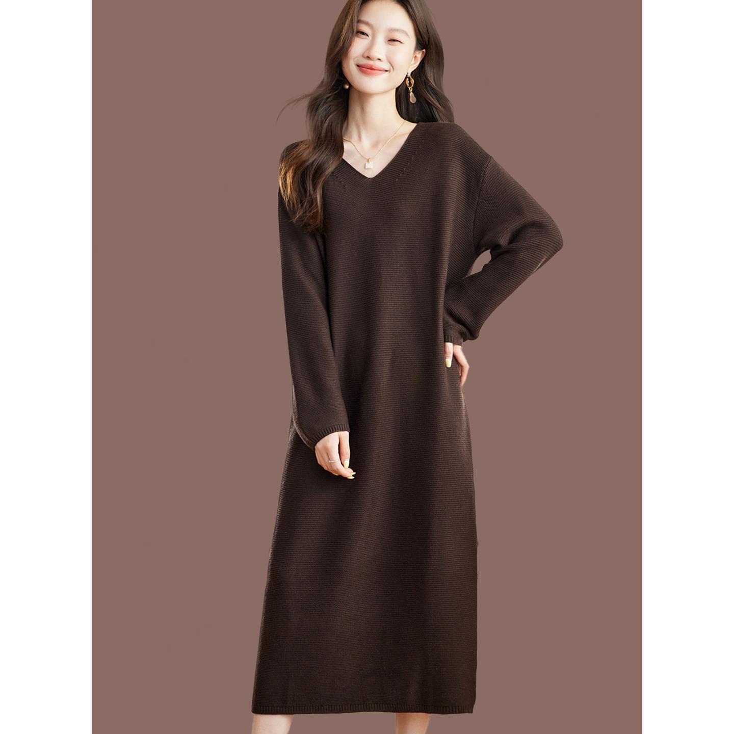 鸡心领毛衣女秋冬超长款过膝羊毛衫毛衣裙保暖打底衫宽松配大衣