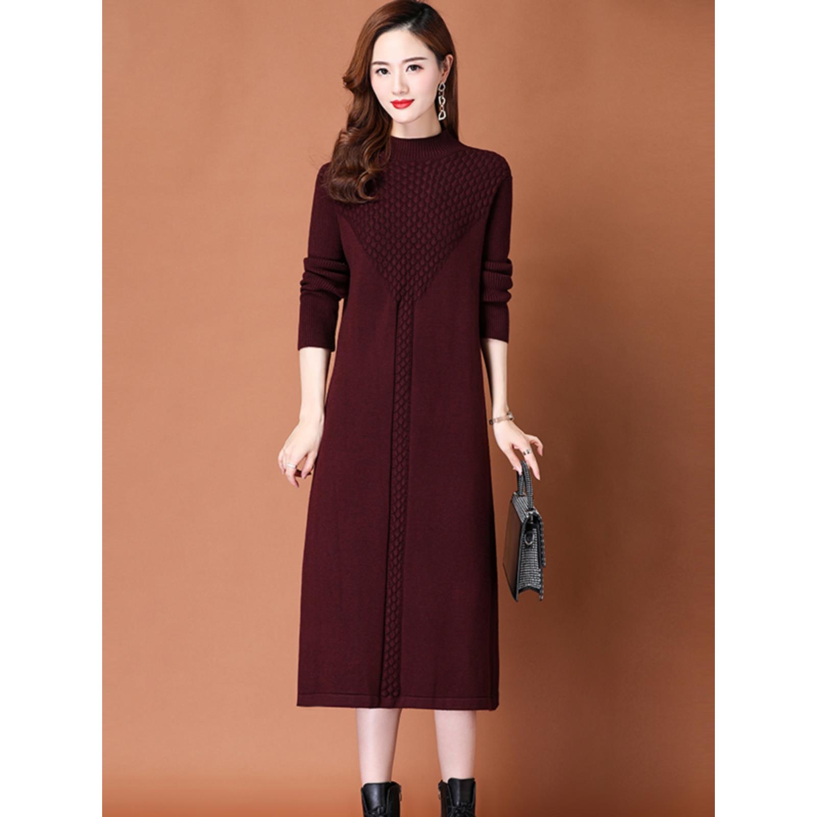 连衣裙中长款2025新款女装遮屁股过膝毛衣裙配大衣针织打底连