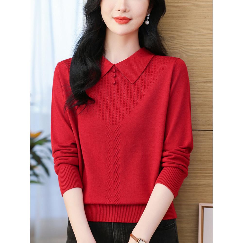 本命年红色毛衣女娃娃领短款套头减龄新款翻领羊毛针织打底衫上衣