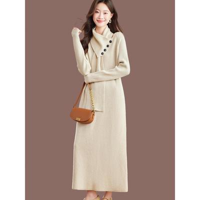 秋冬季配大衣内搭羊毛针织连衣裙女宽松长款过膝毛衣裙打底洋气