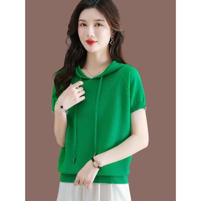 桑蚕丝冰丝针织衫薄款短袖连帽卫衣女2025新款夏装桑蚕丝t恤上衣