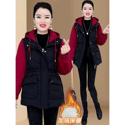 休闲百搭假两件加绒加厚棉服外套女冬季2025新款洋气保暖连帽棉衣