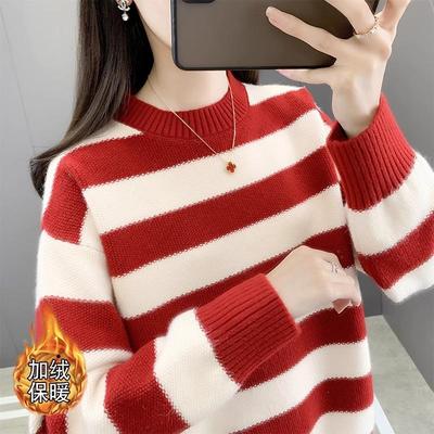 秋冬加绒加厚毛衣女2025新款时尚洋气爆款条纹宽松针织打底衫上衣
