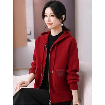 2025年秋季新款针织拉链开衫女秋冬连帽短款外套宽松休闲减龄外搭