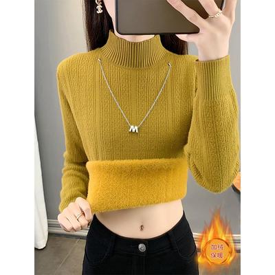 一体绒毛衣女秋冬2025新款冬季加绒加厚打底衫半高领针织保暖衣