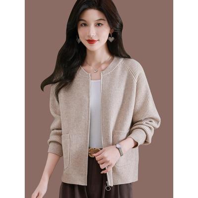 拉链毛衣外套女秋装2025新款宽松外搭上衣羊毛针织开衫春秋