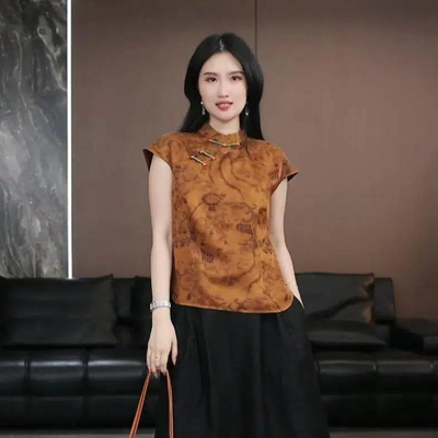 【金穗】徐淼淼春夏款国风新中式非遗前喷双面缎香云纱上衣H2088