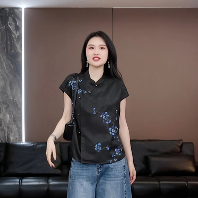 【静言】徐淼淼夏'星子入怀'新中式非遗手绘花萝香云纱上衣J2410