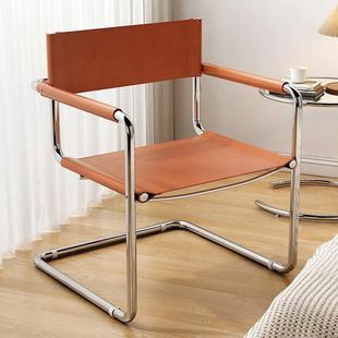 兰俊达北欧椅子包豪斯中具不锈钢靠背躺椅单人餐椅电脑椅子棕色