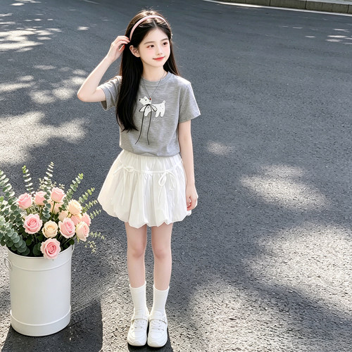 女童夏装两件套2026新款中大童甜美蝴蝶结短袖T恤波点花苞裙洋气