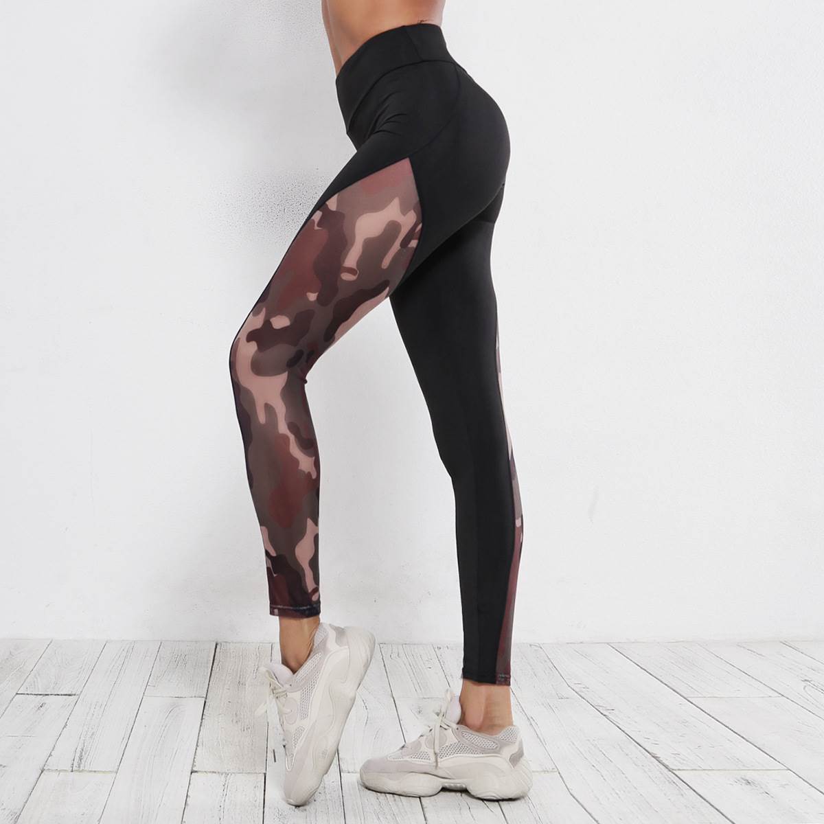 热销瑜伽裤欧美爆款迷彩运动裤网纱高腰运动裤速干跑步裤弹力裤女