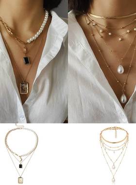 Vintage Pearl Metal Chain Necklace复古珍珠金属链条项链女饰品