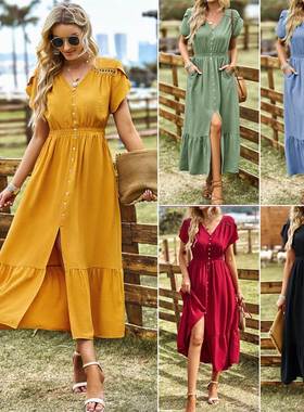 黄色长裙 Summer V-neck Pocket Solid Yellow Women Long Dress