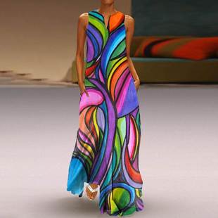 2023 Women's new printed neck dress Ladies clothes plus