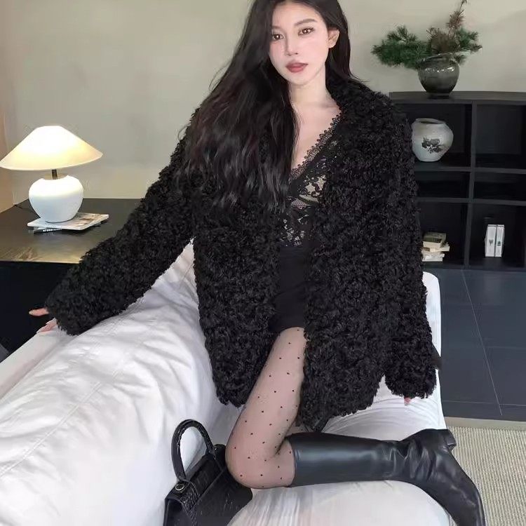2024仿皮草女秋冬新款毛茸茸高级感圈圈羊羔毛外套皮毛一体中长款