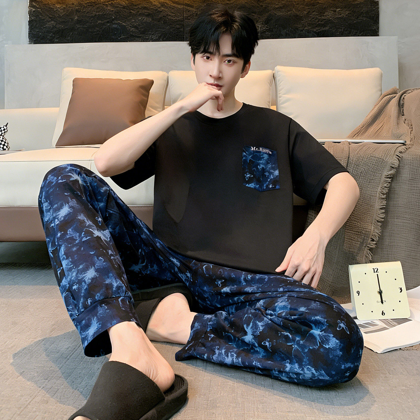 睡衣男款夏季纯棉短袖长裤2026新款夏天男士家居服圆领可外穿套装