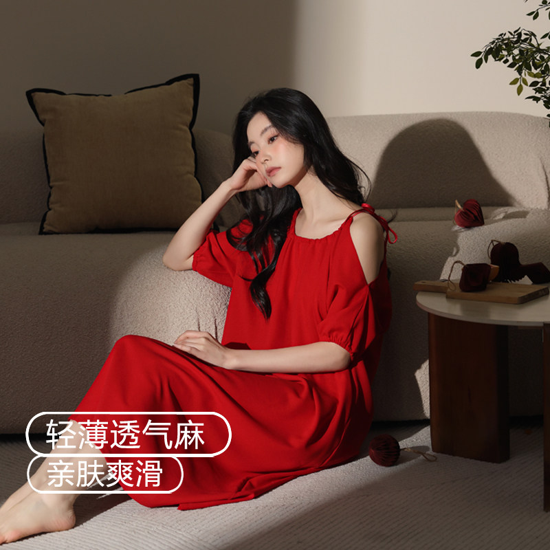 轻薄麻睡裙女士夏季本命年大红色新年睡衣透气夏天亲肤爽滑中长款