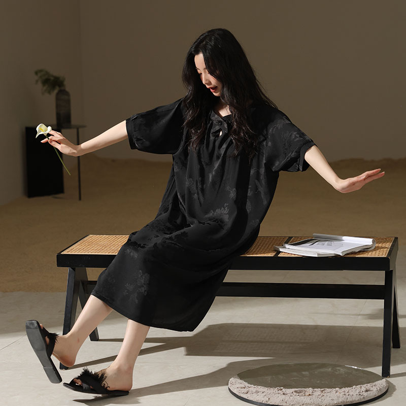 冰丝睡裙女士夏季短袖薄款仿真丝绸黑色高级感睡衣中长款连衣裙夏