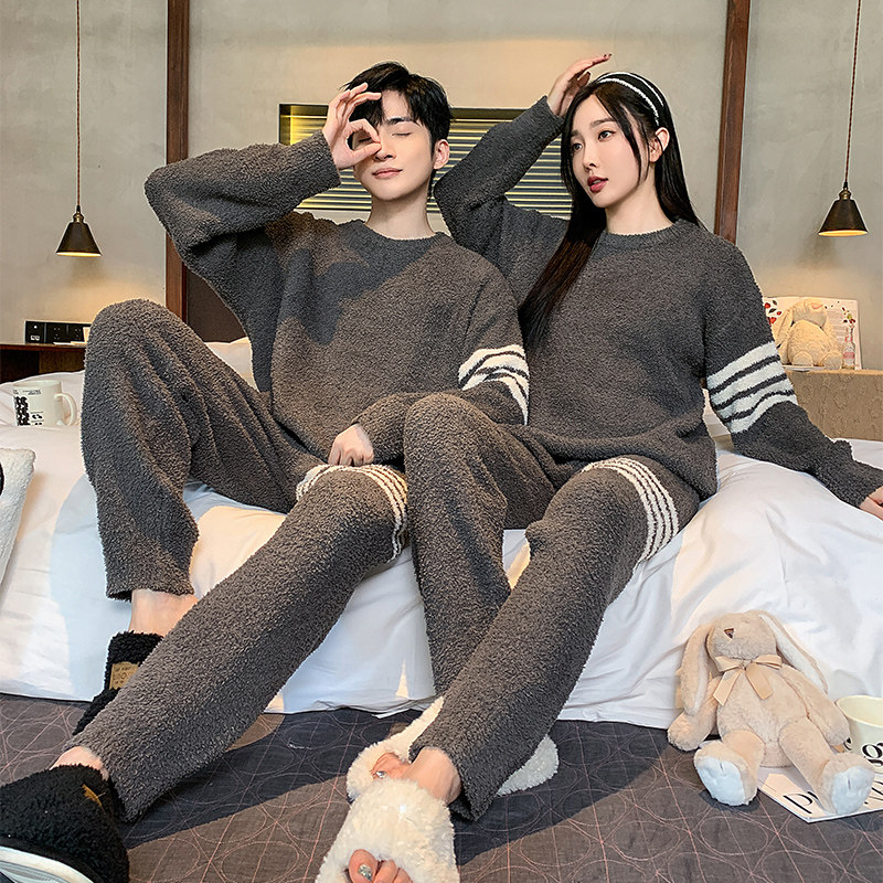 2套价半边绒睡衣情侣秋冬季加厚加绒珊瑚绒家居服男女休闲冬套装