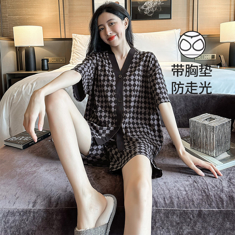 睡衣女夏季带胸垫一体纯棉短袖短裤形衫夏天女款可外穿家居服套装