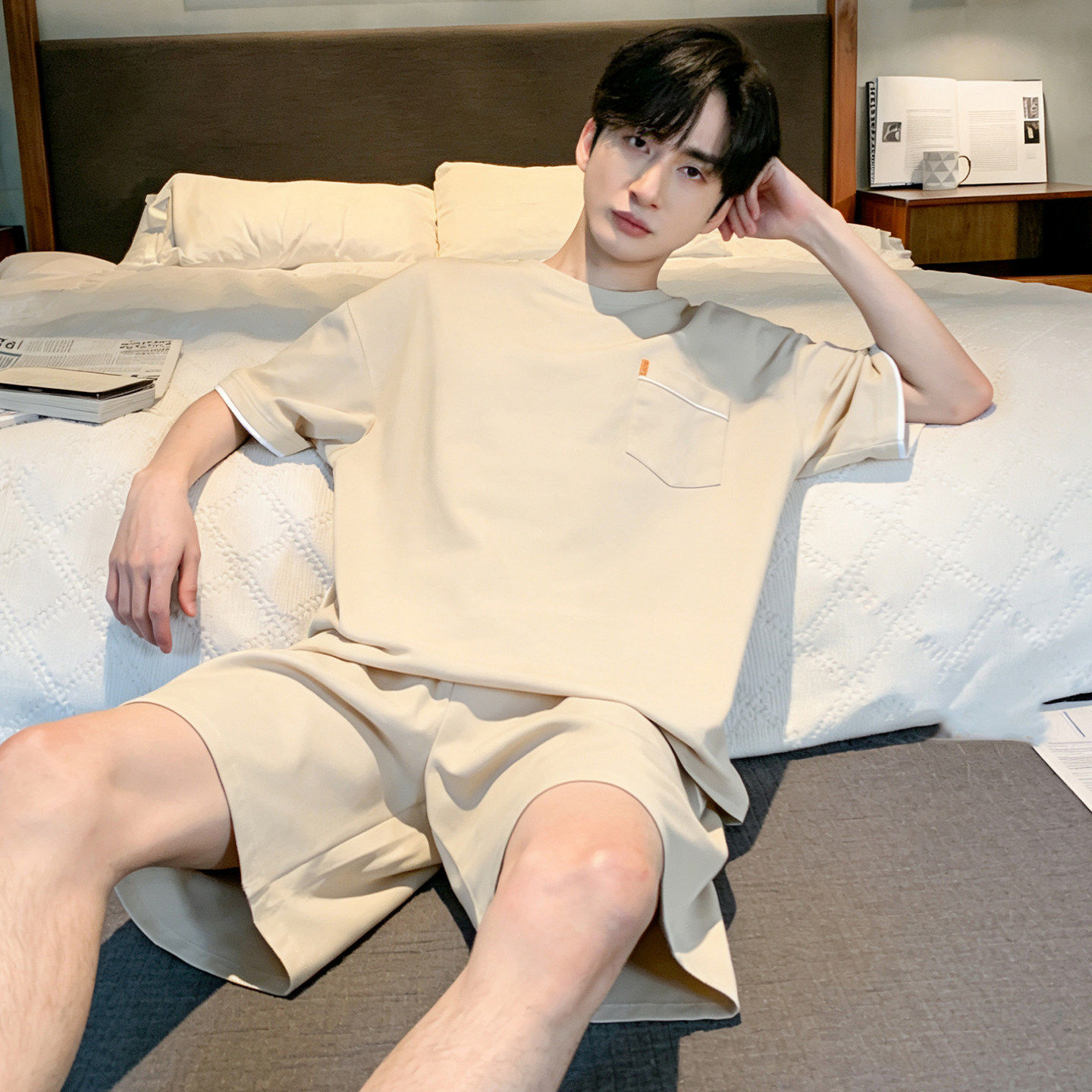 男士睡衣夏季纯棉短袖短裤薄款舒适夏天青年简约风家居服2026新款