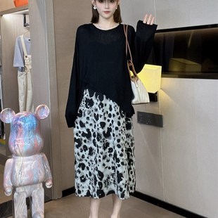 豹纹高腰a字半身裙女o2023年新款 显瘦宽松紧腰后开叉中长裙 夏季