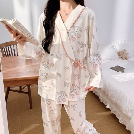 春秋季国风和服带胸垫p纯棉月子服产后产妇孕妇哺乳睡衣秋冬款套