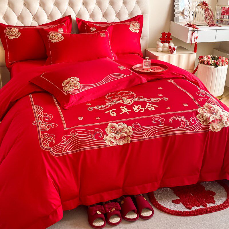 高档中式百子图结婚四件套u大红色床单被套纯棉新婚庆床上用品婚,床上用品,婚庆床品套件,淘宝优惠券,粉丝福利购,淘宝优惠卷