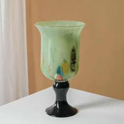 中式高脚琉璃宽口玻璃水养花器玻璃桌面插花瓶高级感客厅摆件